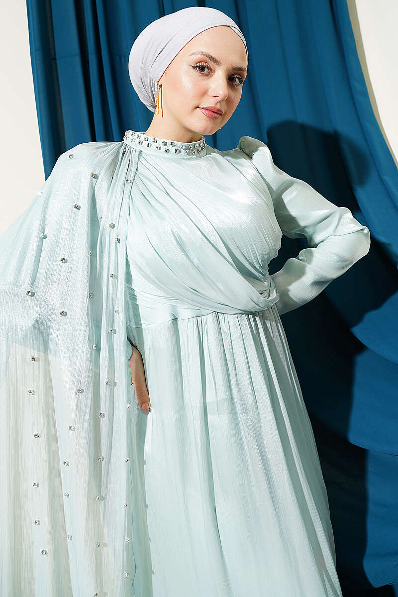 One-Shoulder Cape Evening Dress with Stones - Mint