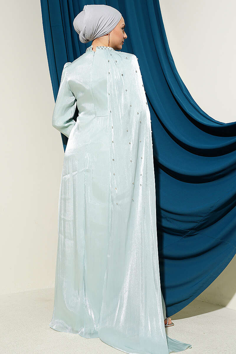One-Shoulder Cape Evening Dress with Stones - Mint