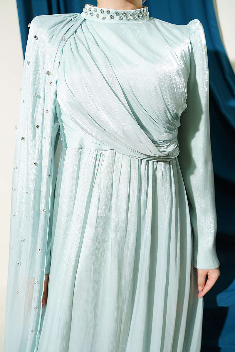 One-Shoulder Cape Evening Dress with Stones - Mint