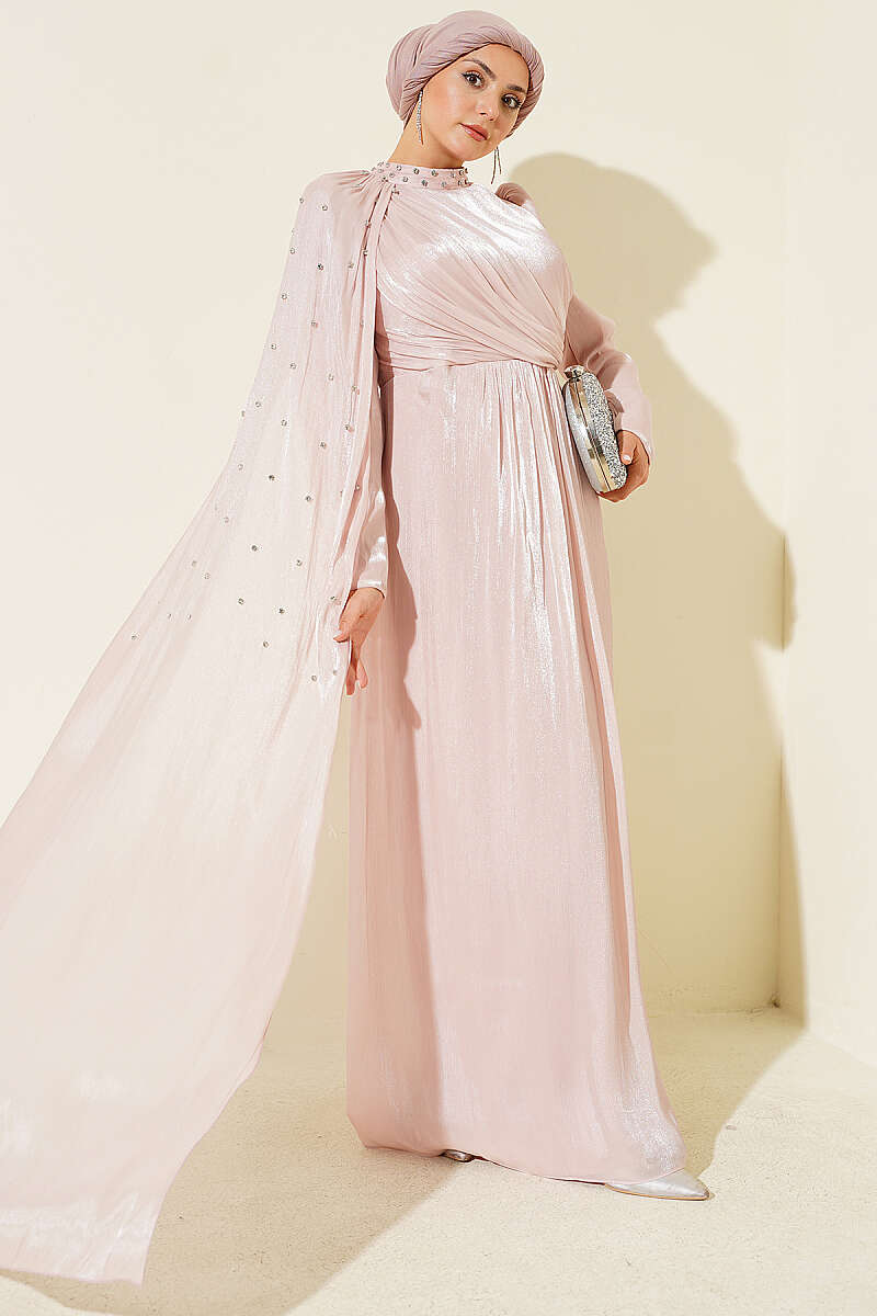 One-Shoulder Cape Evening Dress with Stones - Powder