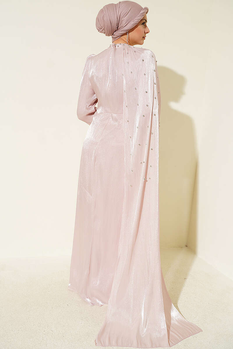 One-Shoulder Cape Evening Dress with Stones - Powder