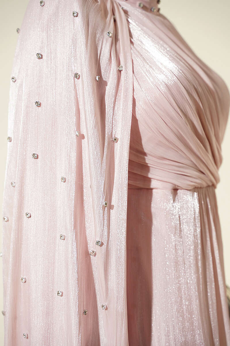 One-Shoulder Cape Evening Dress with Stones - Powder