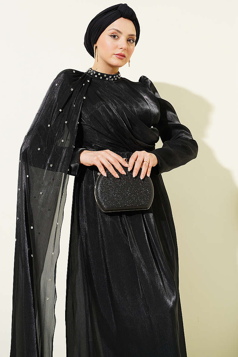 One-Shoulder Cape Evening Dress with Stones - Black
