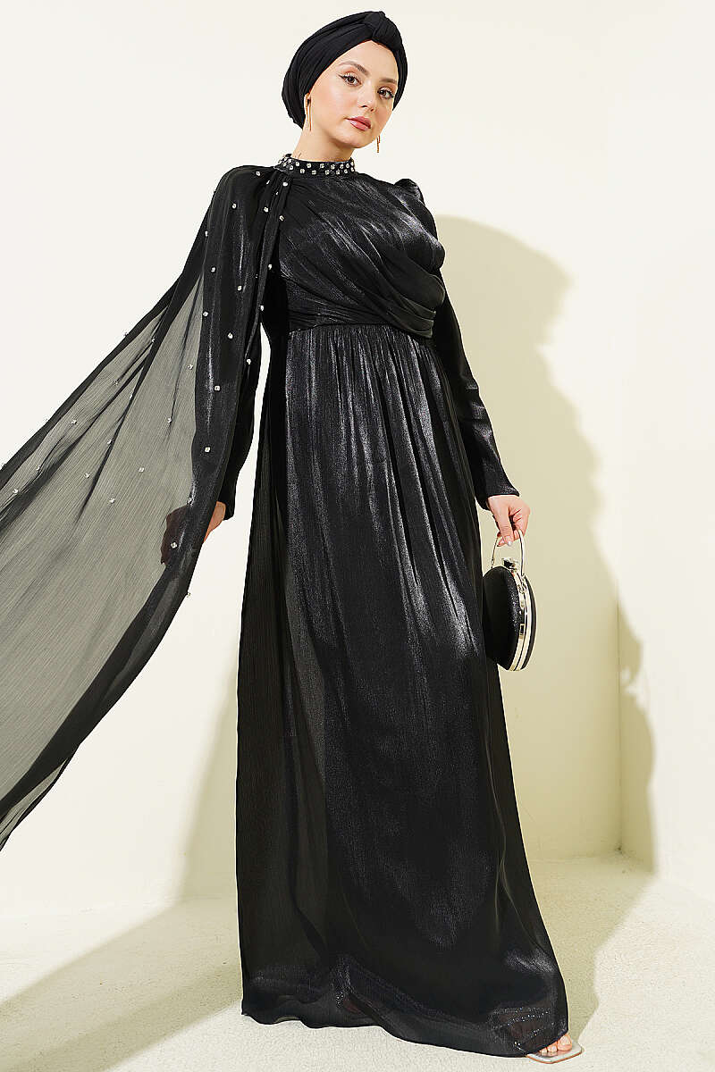 One-Shoulder Cape Evening Dress with Stones - Black