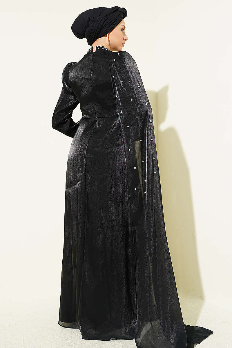 One-Shoulder Cape Evening Dress with Stones - Black
