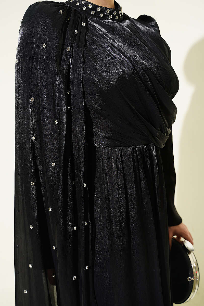 One-Shoulder Cape Evening Dress with Stones - Black