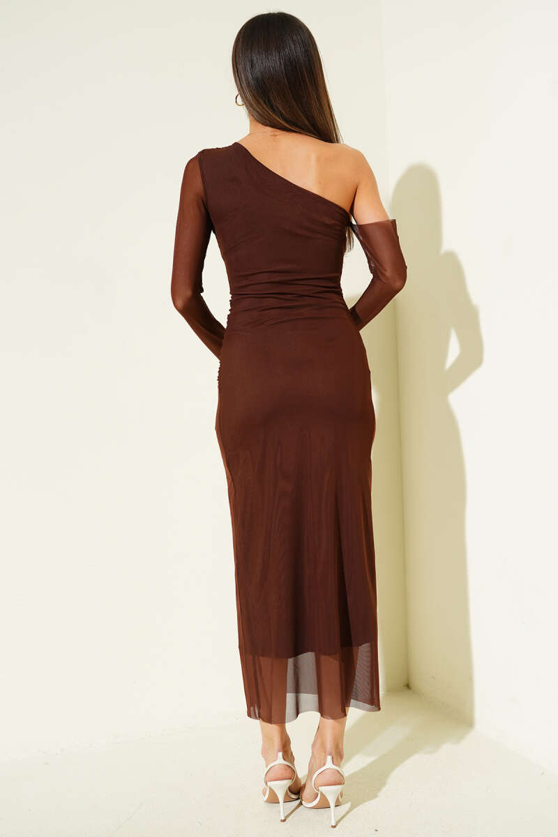 One-Shoulder Ruched Tulle Midi Dress - Brown