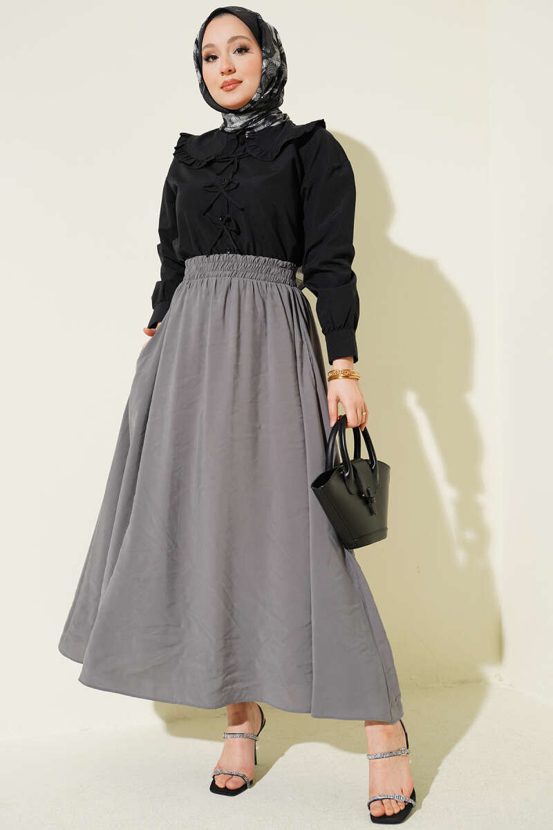 Flared Tencel Skirt with Pockets - Grey