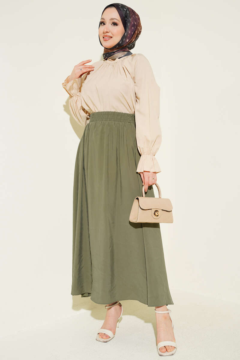 Flared Tencel Skirt with Pockets - Khaki