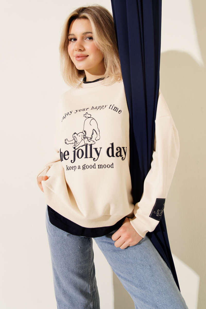 "The Jolly Day" Embroidered Loose Sweatshirt - Beige