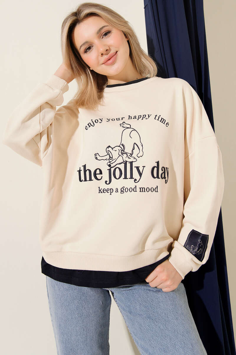 "The Jolly Day" Embroidered Loose Sweatshirt - Beige