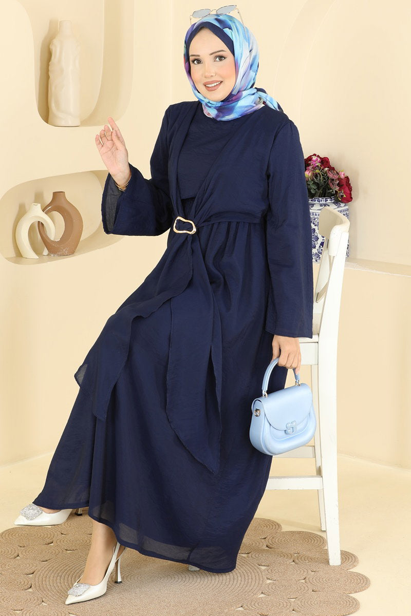 Tulle-Layered Modal Dress with Buckle - Navy