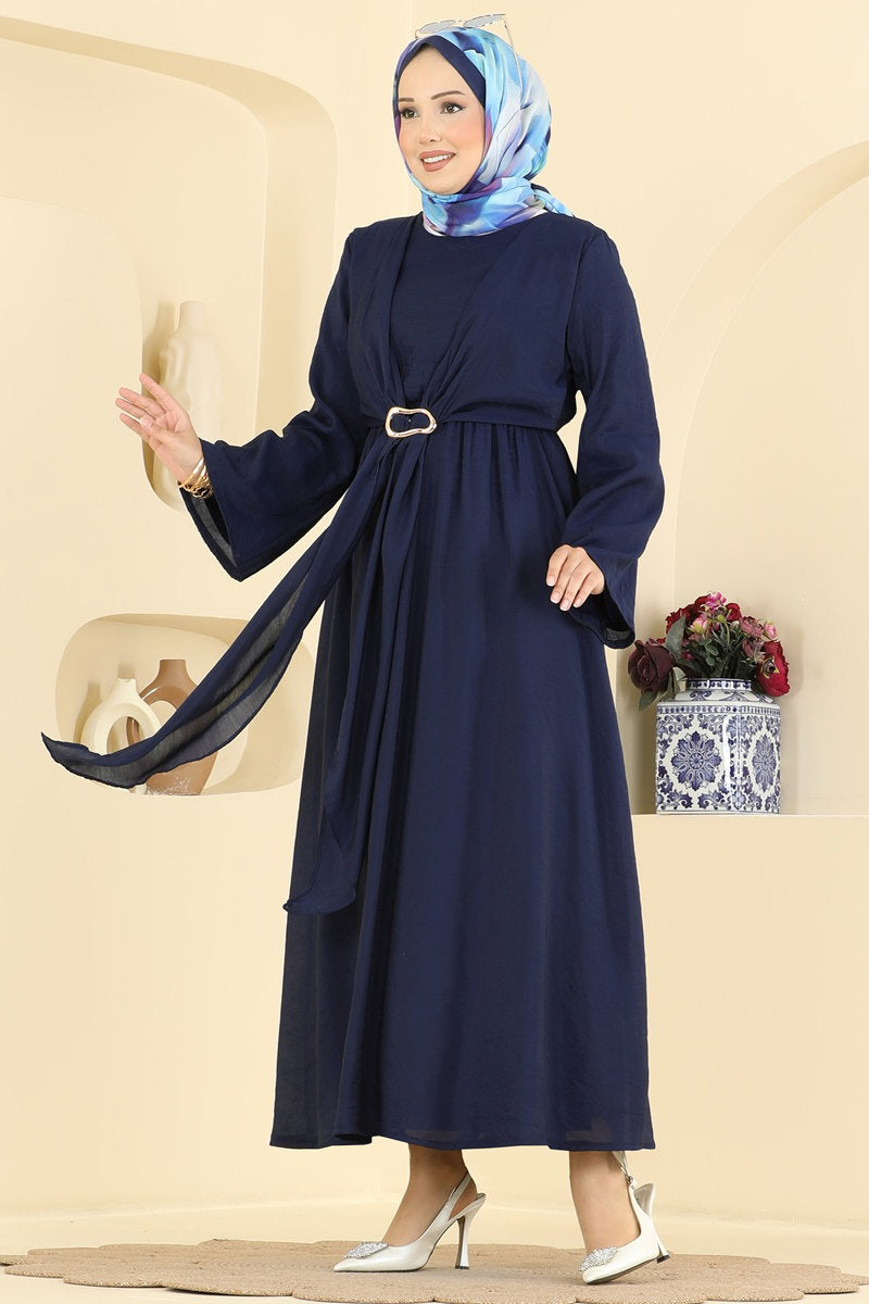 Tulle-Layered Modal Dress with Buckle - Navy