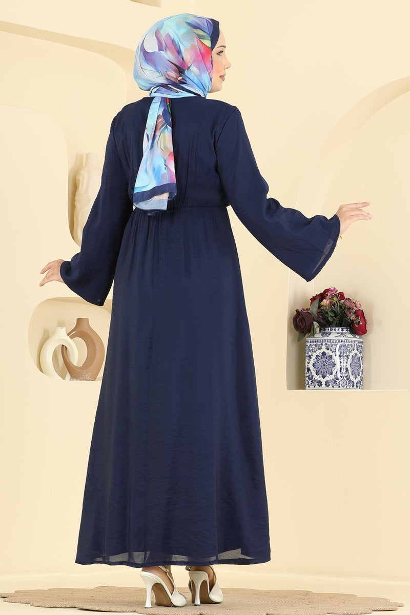 Tulle-Layered Modal Dress with Buckle - Navy