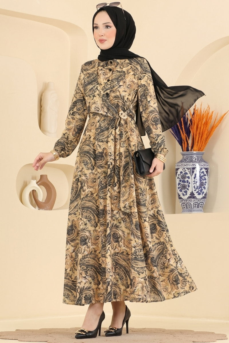 Elegant Modal Dress with Buckle - Mustard
