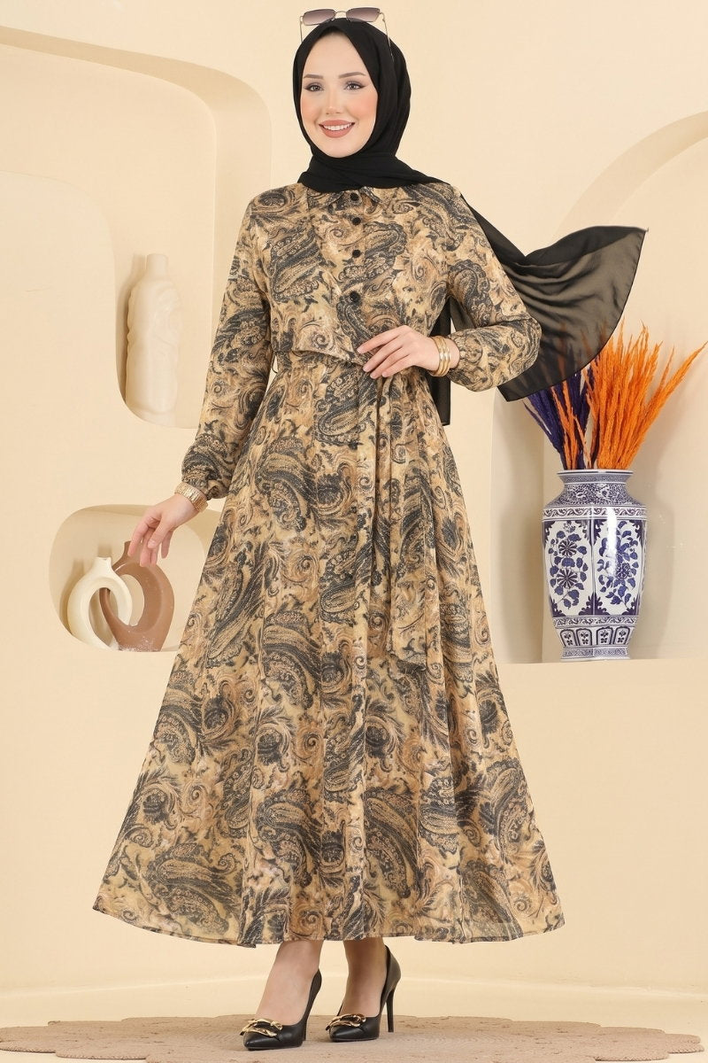 Elegant Modal Dress with Buckle - Mustard