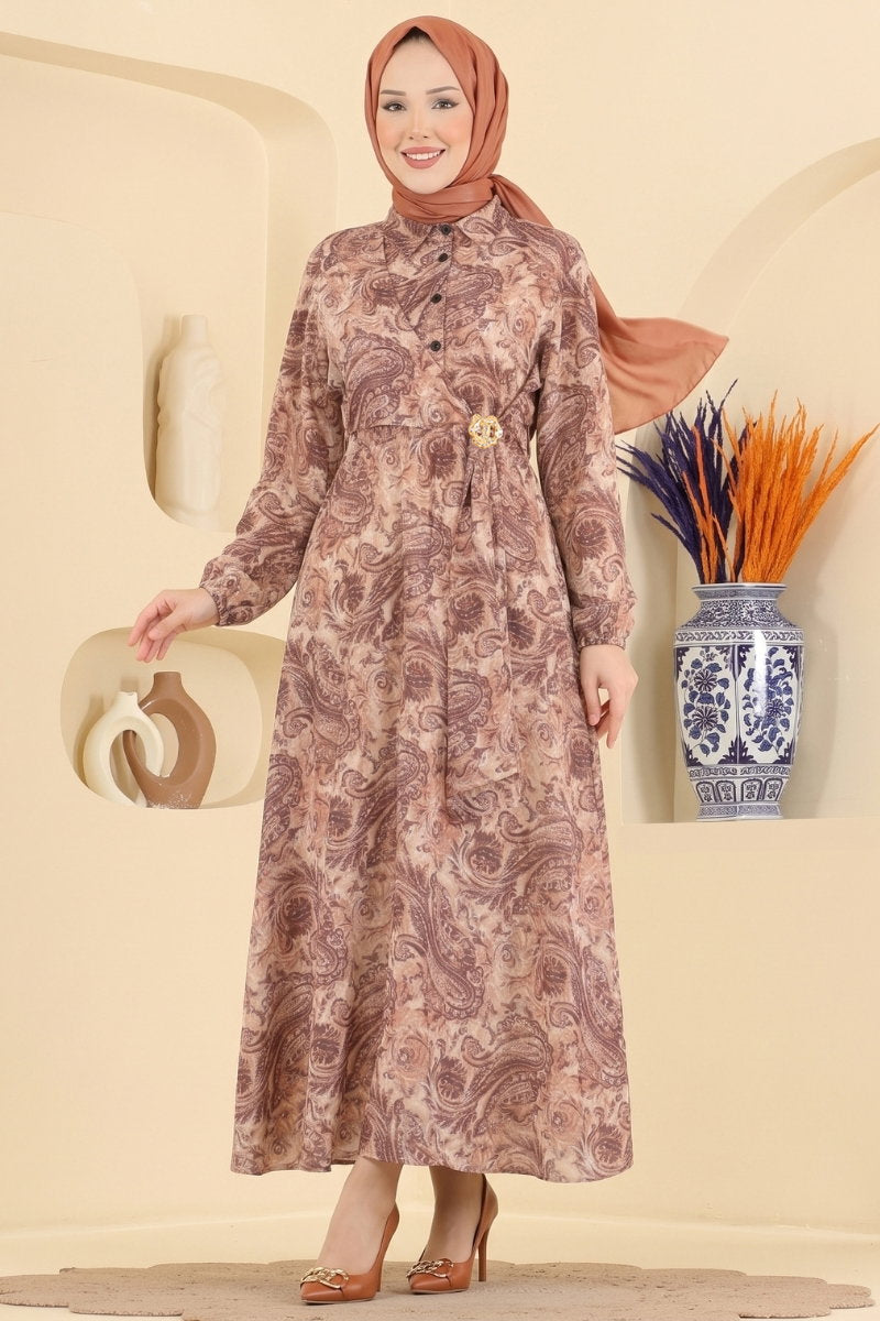 Elegant Modal Dress with Buckle - Brown