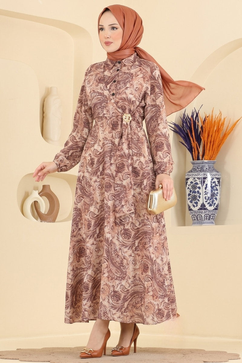 Elegant Modal Dress with Buckle - Brown