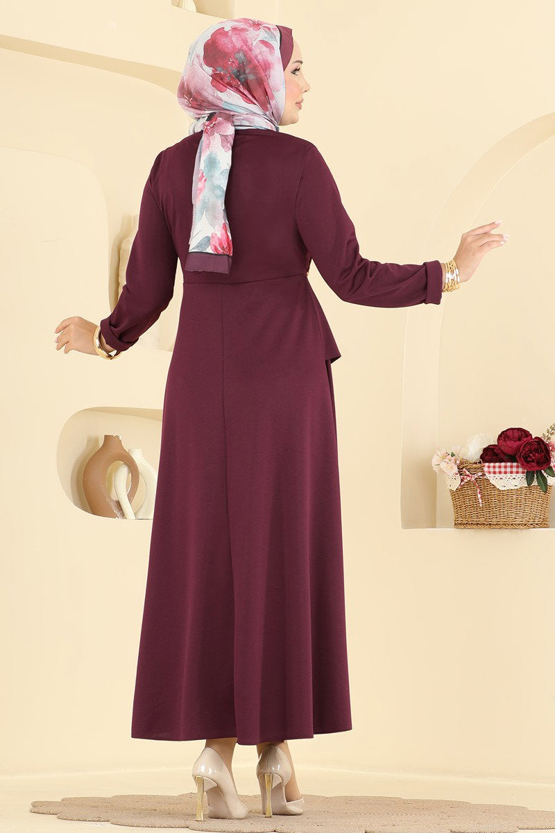 Elegant Crepe Knit Dress with Buckle - Burgundy