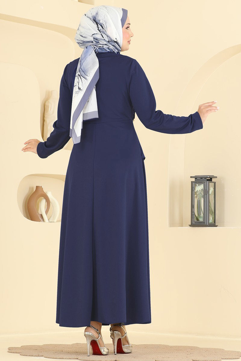 Elegant Crepe Knit Dress with Buckle - Navy