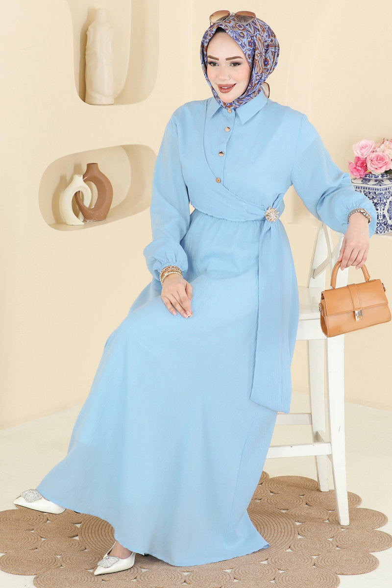 Viscose Dress with Buckle - Light Blue