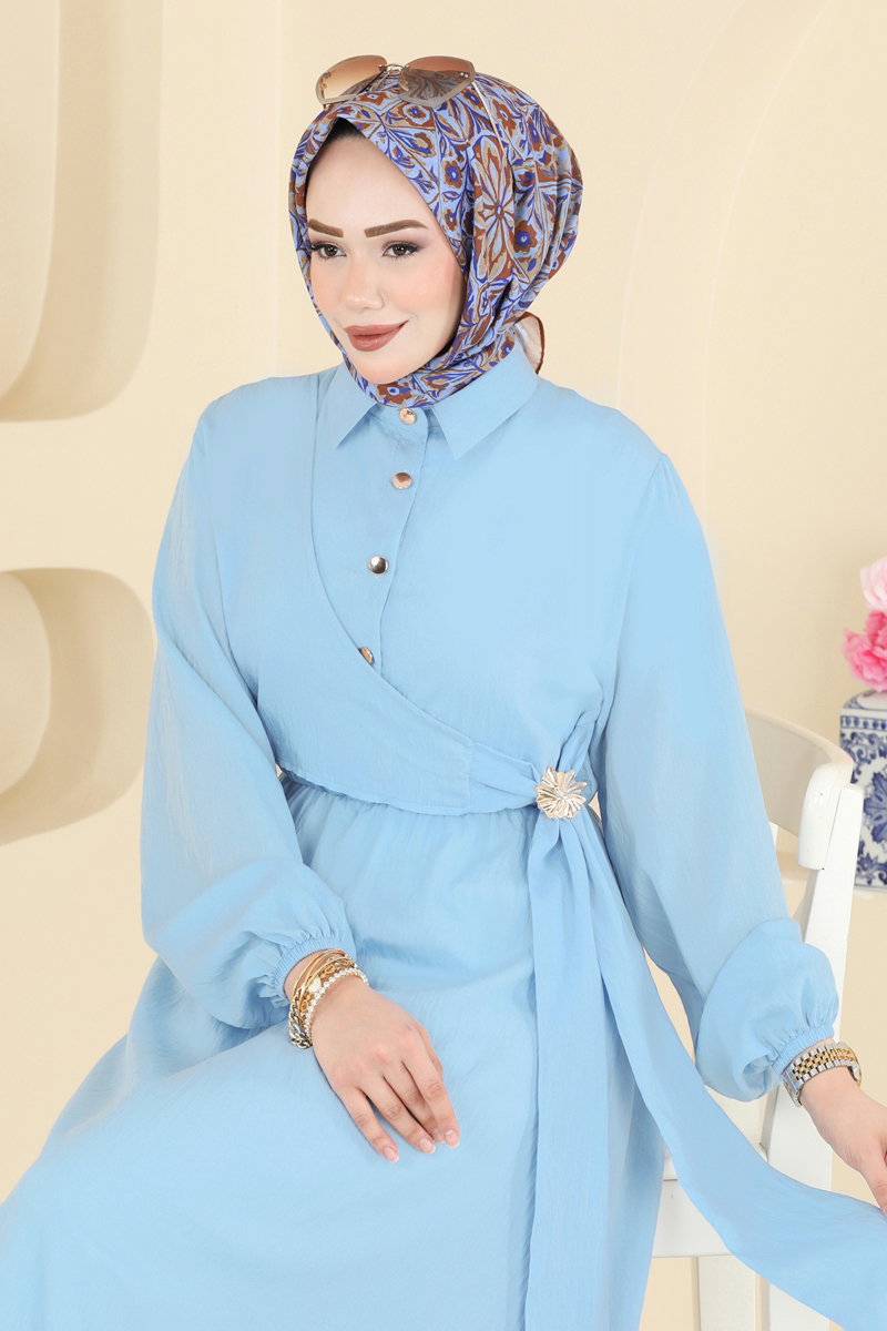 Viscose Dress with Buckle - Light Blue