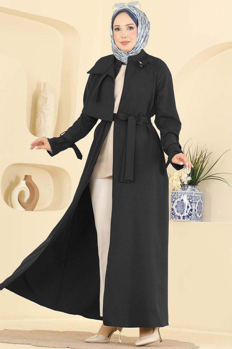 Abaya Coat with Buckled Collar and Sash - Black