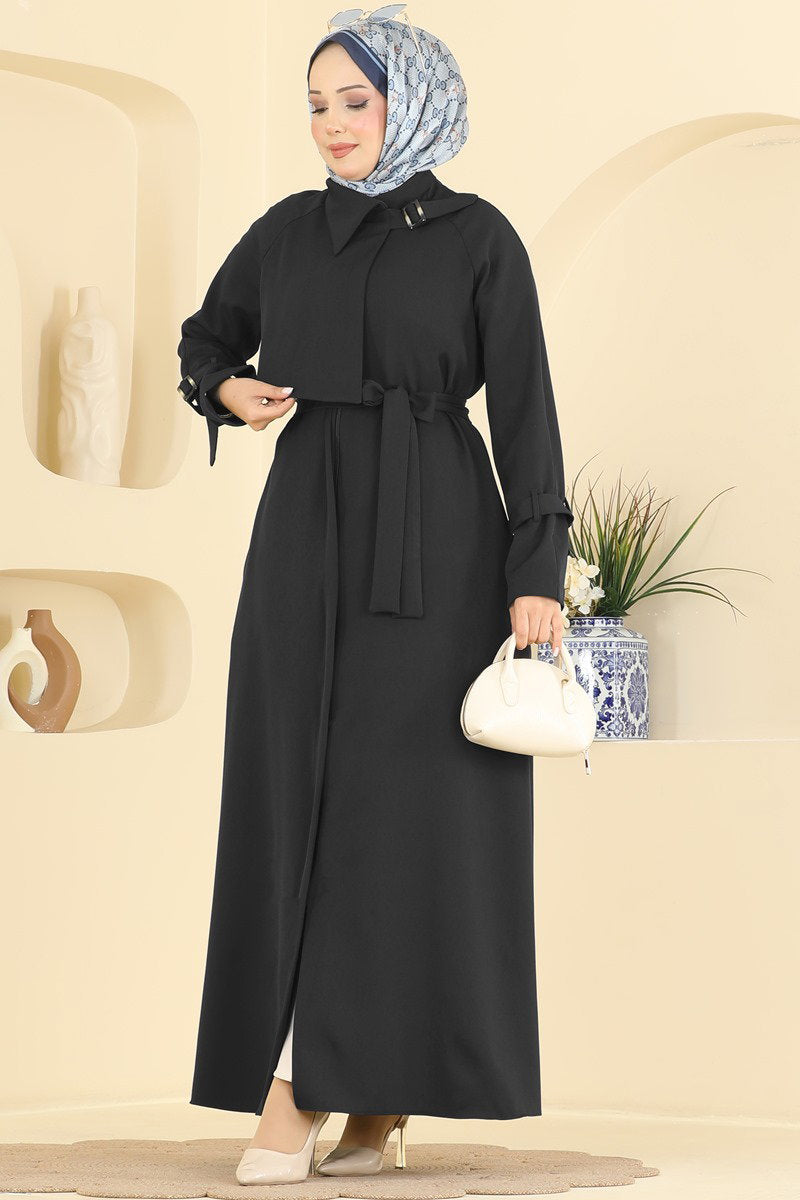 Abaya Coat with Buckled Collar and Sash - Black