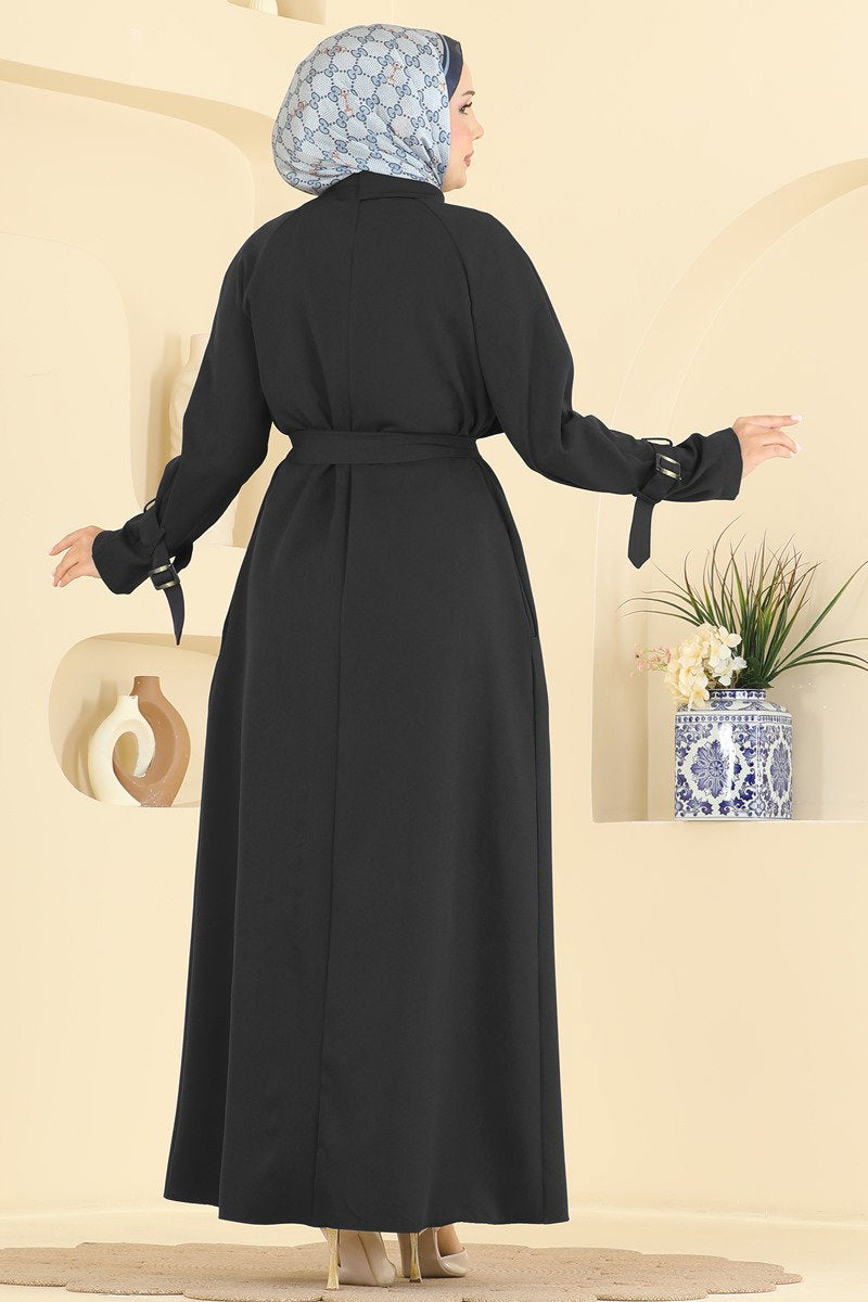 Abaya Coat with Buckled Collar and Sash - Black