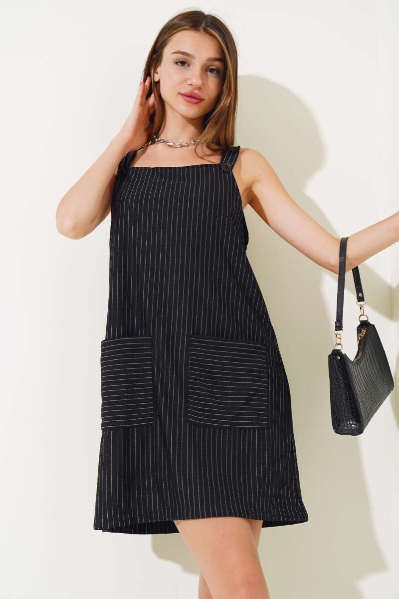 Striped Dungarees with Patch Pockets - Black