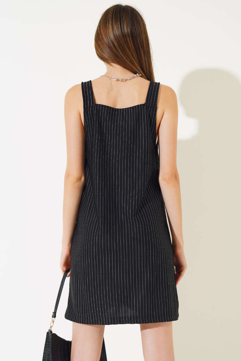 Striped Dungarees with Patch Pockets - Black