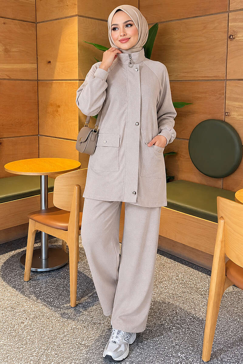 Zip-Up Two-Piece Set with Patch Pockets - Beige