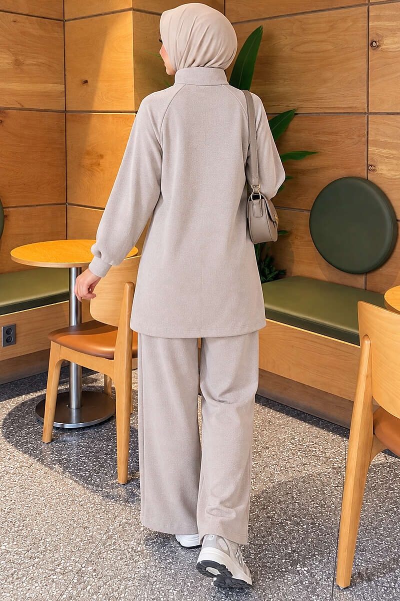 Zip-Up Two-Piece Set with Patch Pockets - Beige