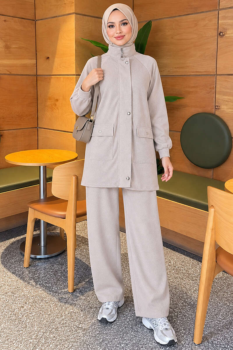 Zip-Up Two-Piece Set with Patch Pockets - Beige