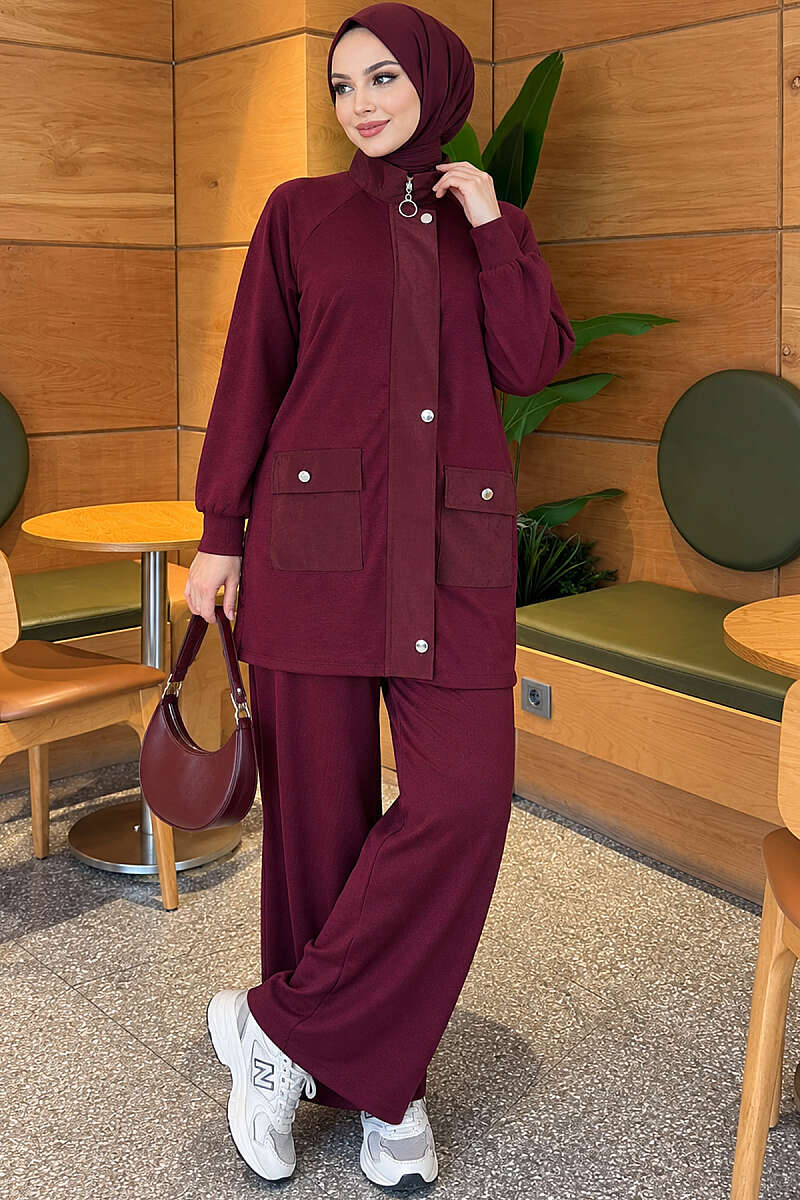 Zip-Up Two-Piece Set with Patch Pockets - Burgundy