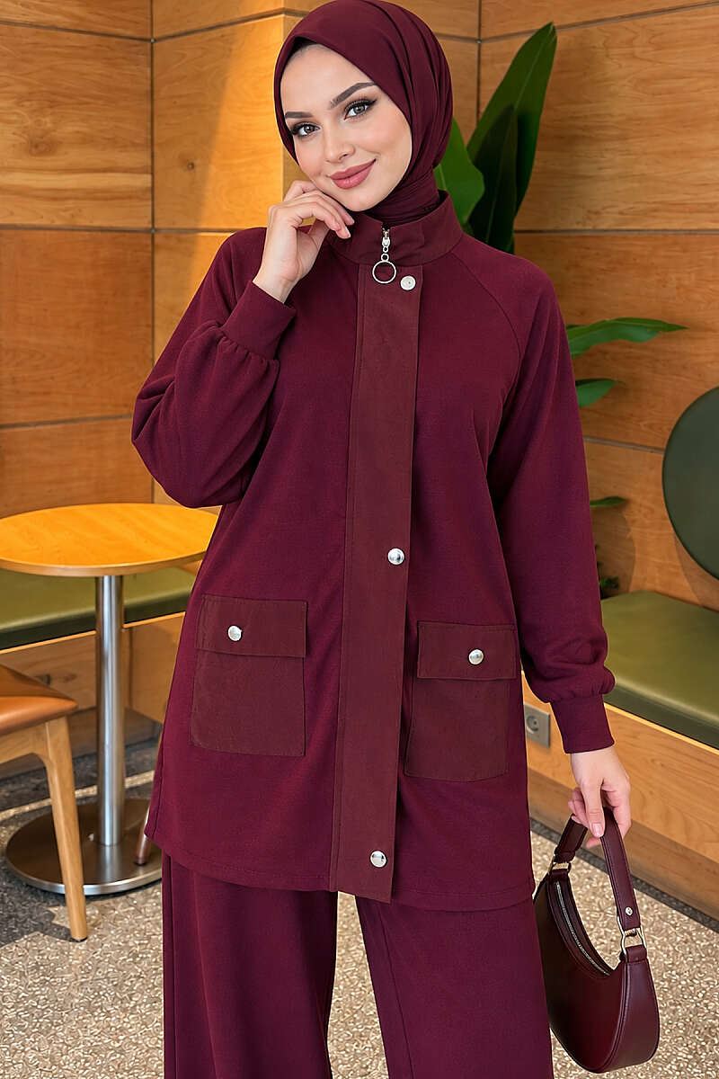 Zip-Up Two-Piece Set with Patch Pockets - Burgundy