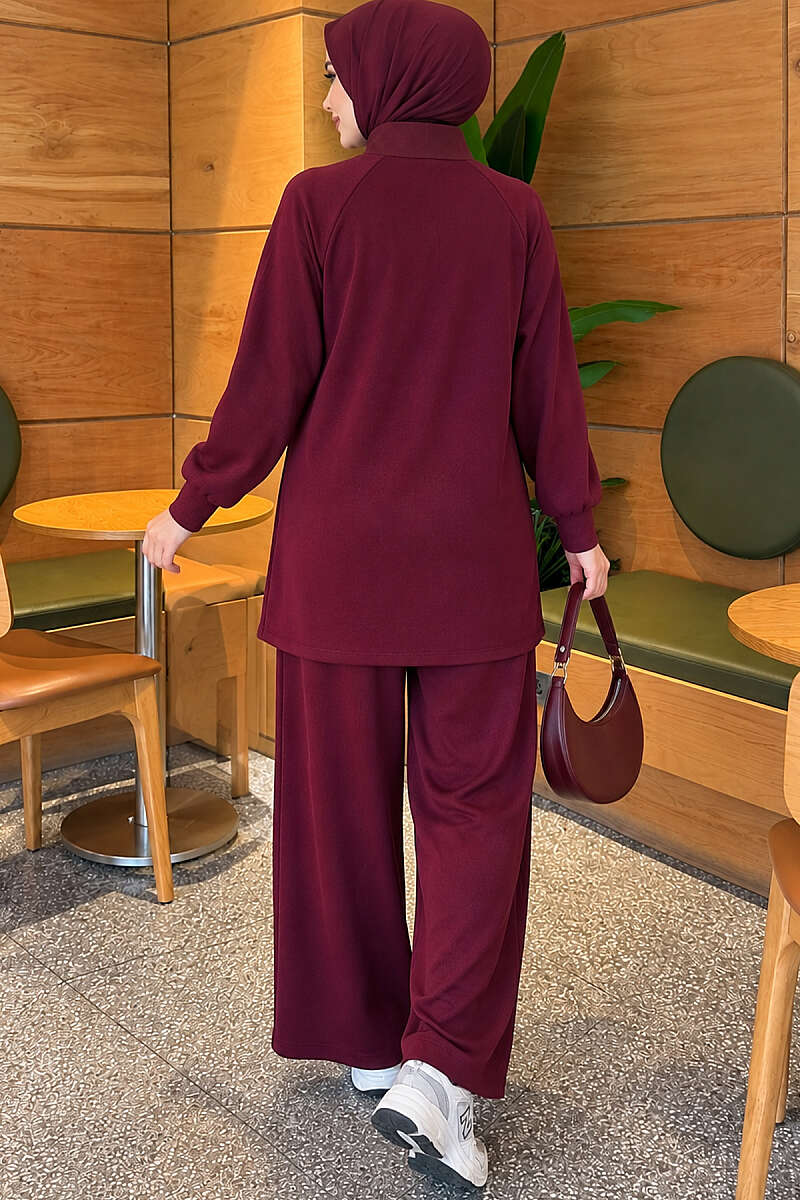 Zip-Up Two-Piece Set with Patch Pockets - Burgundy
