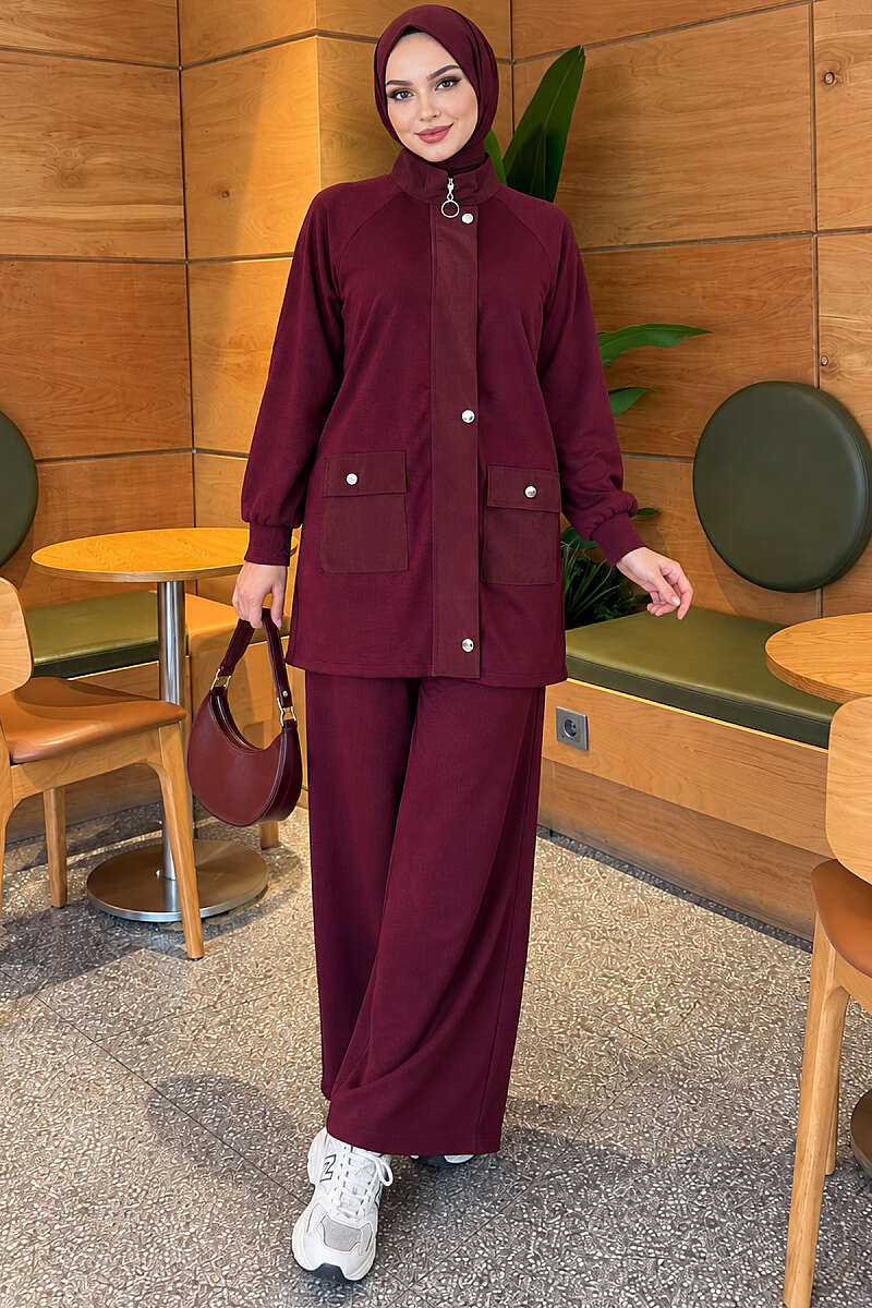 Zip-Up Two-Piece Set with Patch Pockets - Burgundy