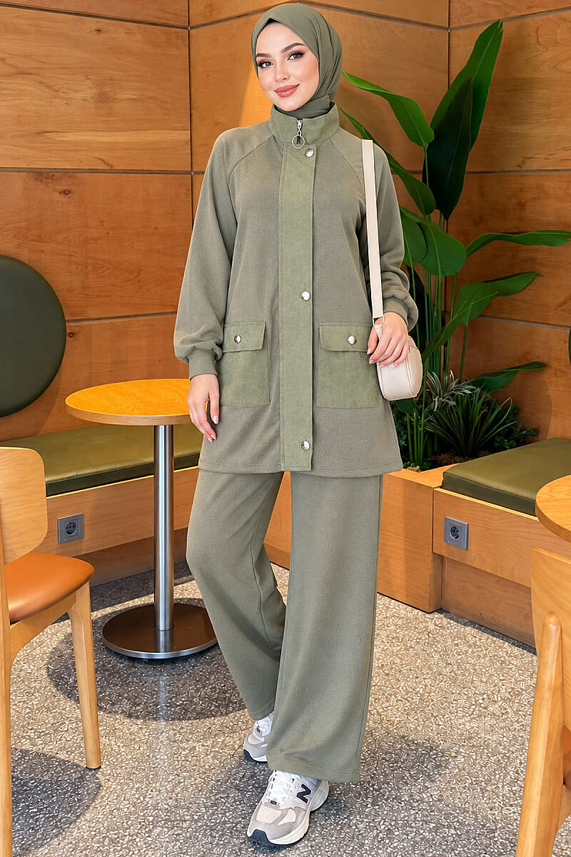 Zip-Up Two-Piece Set with Patch Pockets - Almond Green