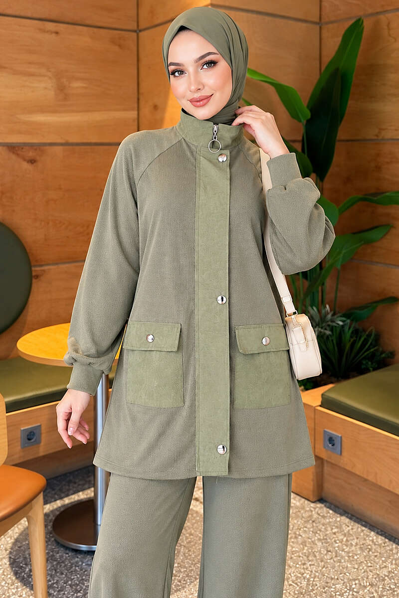 Zip-Up Two-Piece Set with Patch Pockets - Almond Green