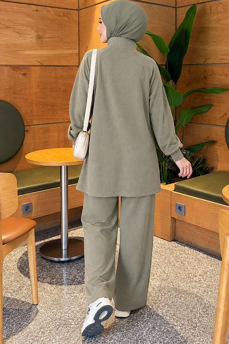 Zip-Up Two-Piece Set with Patch Pockets - Almond Green