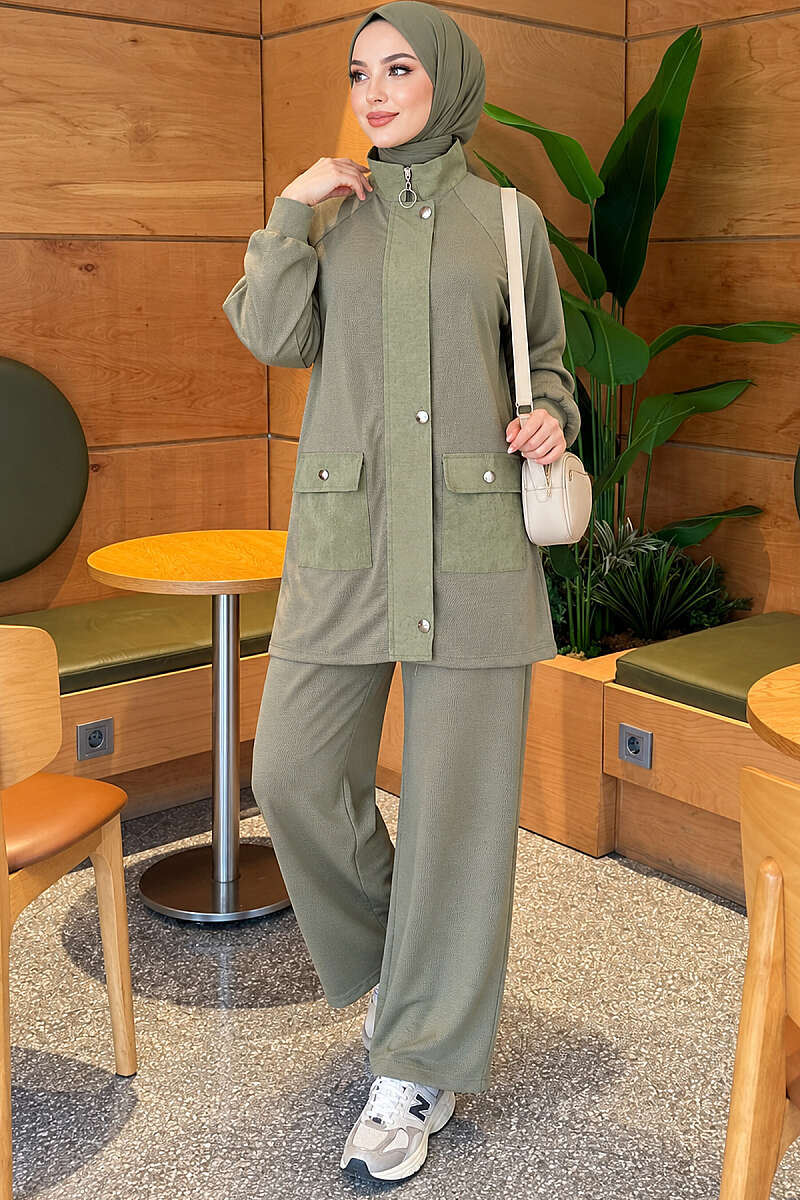 Zip-Up Two-Piece Set with Patch Pockets - Almond Green