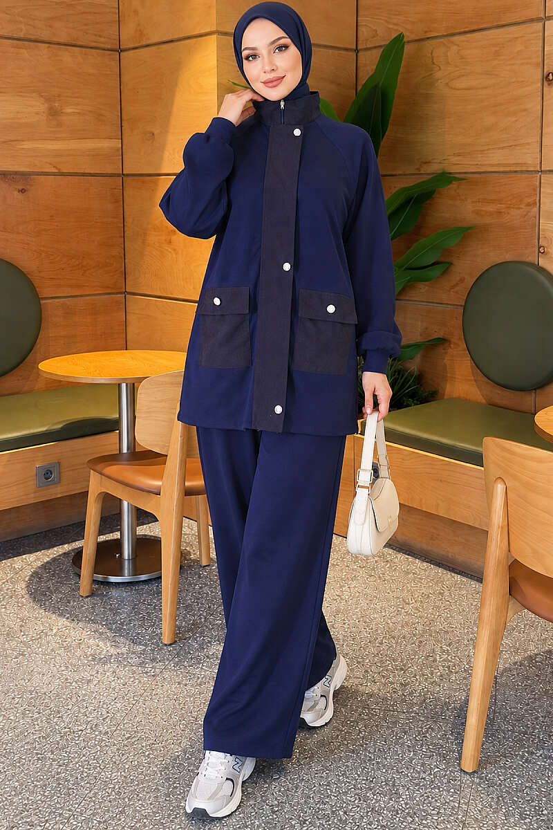 Zip-Up Two-Piece Set with Patch Pockets - Navy
