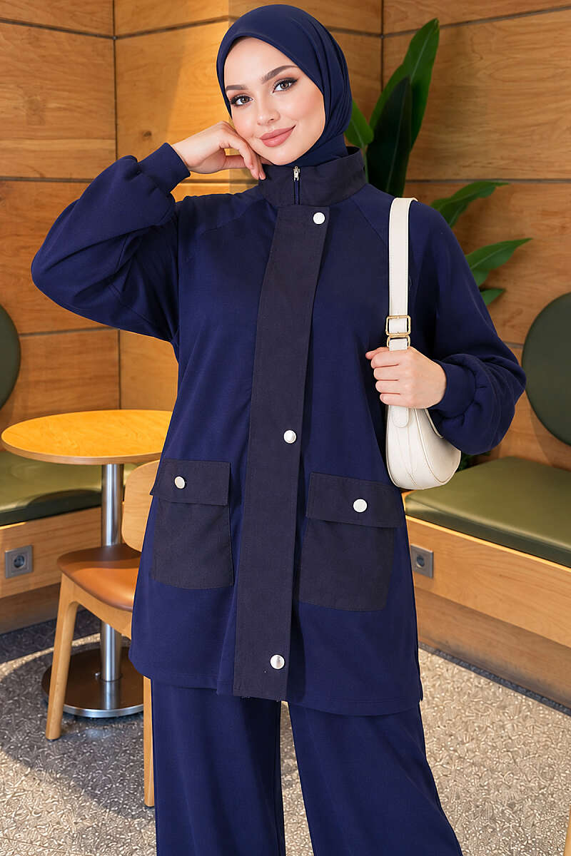 Zip-Up Two-Piece Set with Patch Pockets - Navy