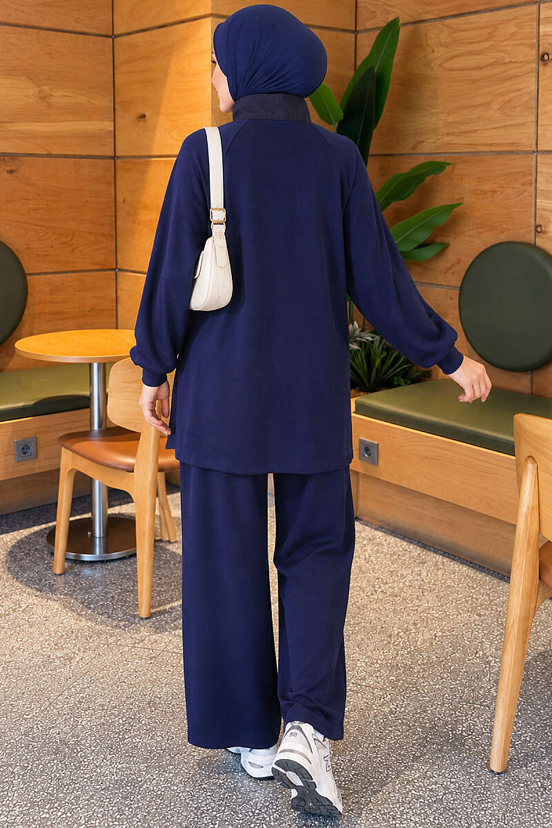 Zip-Up Two-Piece Set with Patch Pockets - Navy