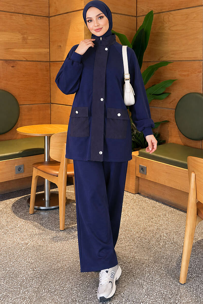 Zip-Up Two-Piece Set with Patch Pockets - Navy