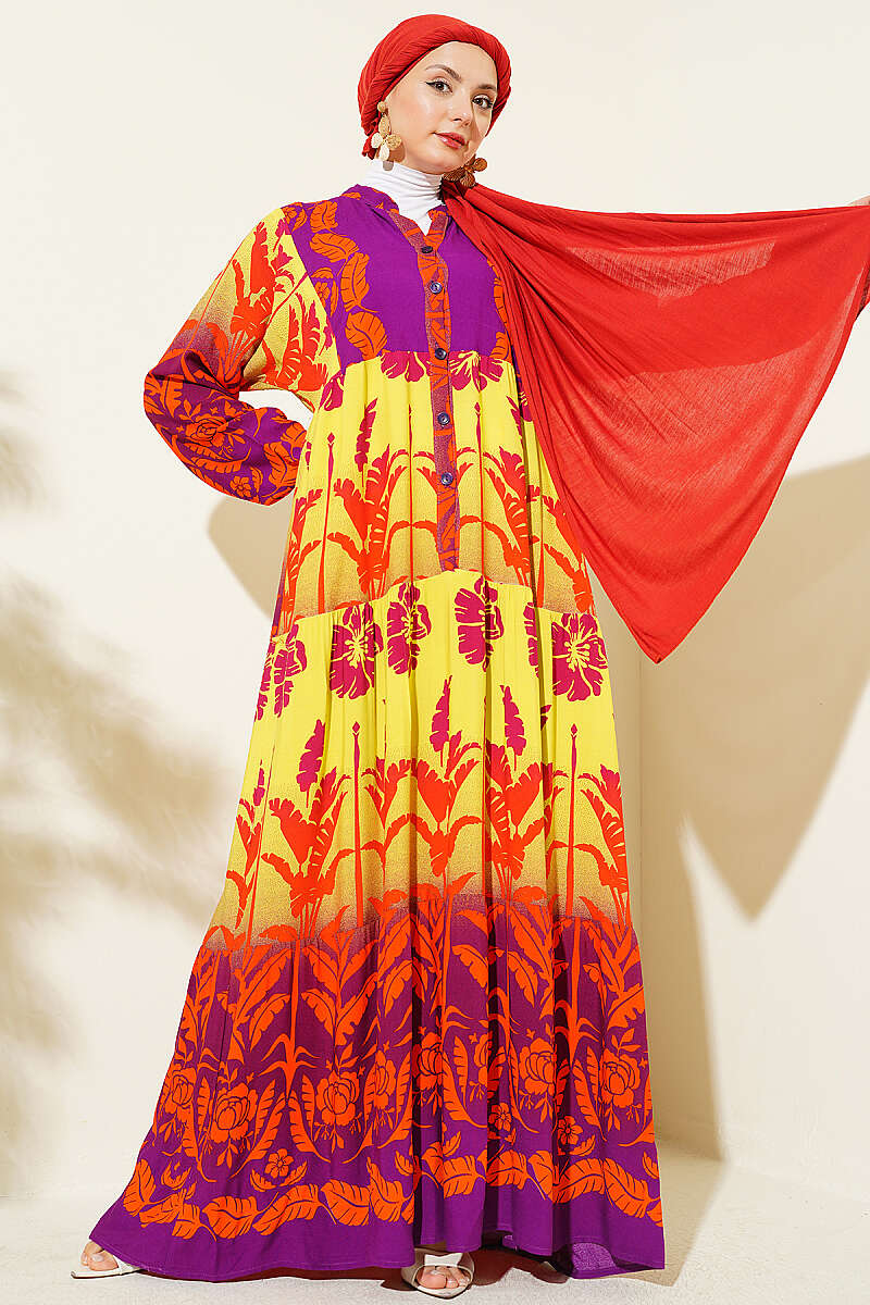 Tropical Print Half-Button Dress - Purple