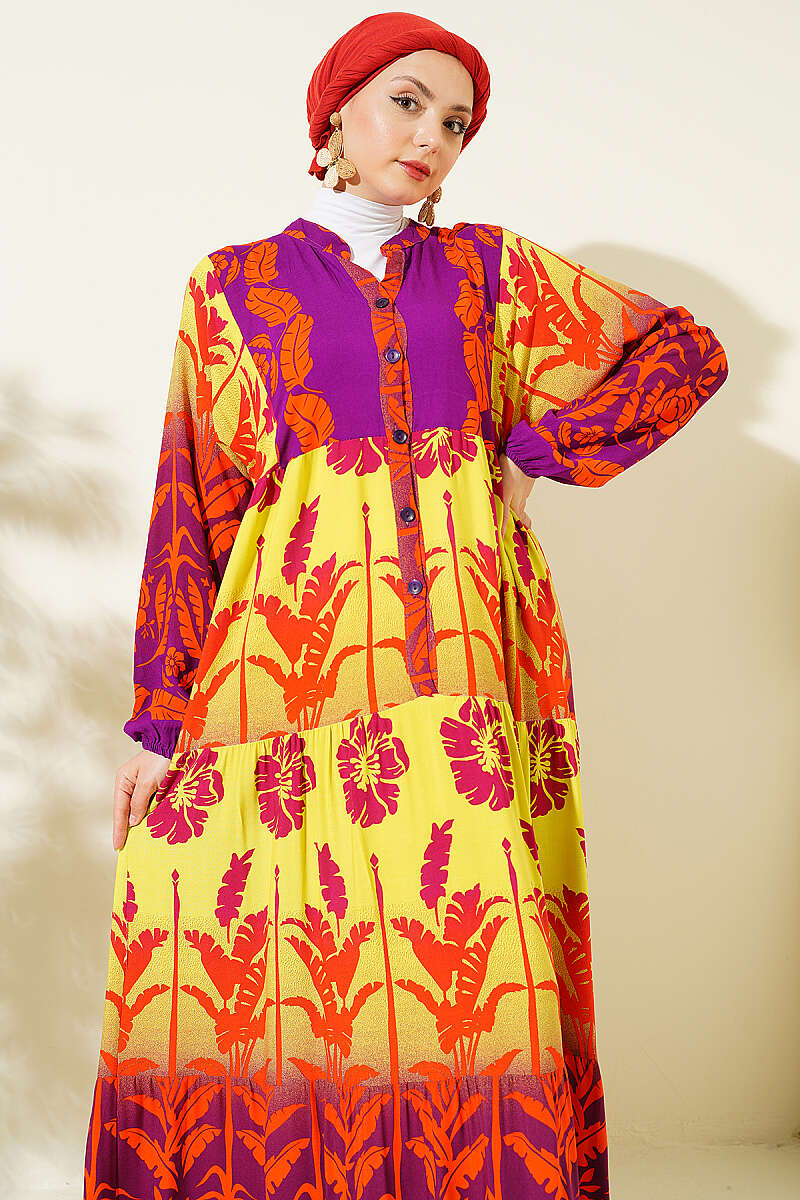 Tropical Print Half-Button Dress - Purple