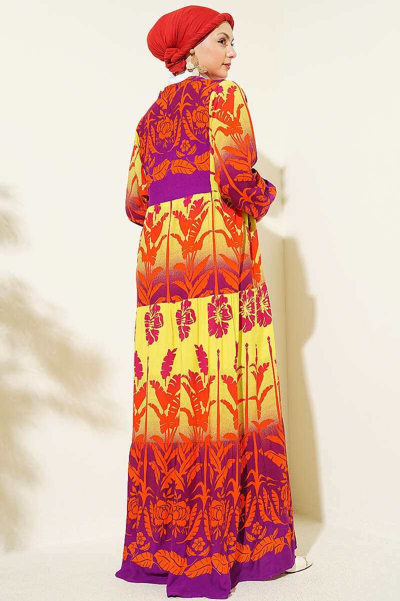Tropical Print Half-Button Dress - Purple