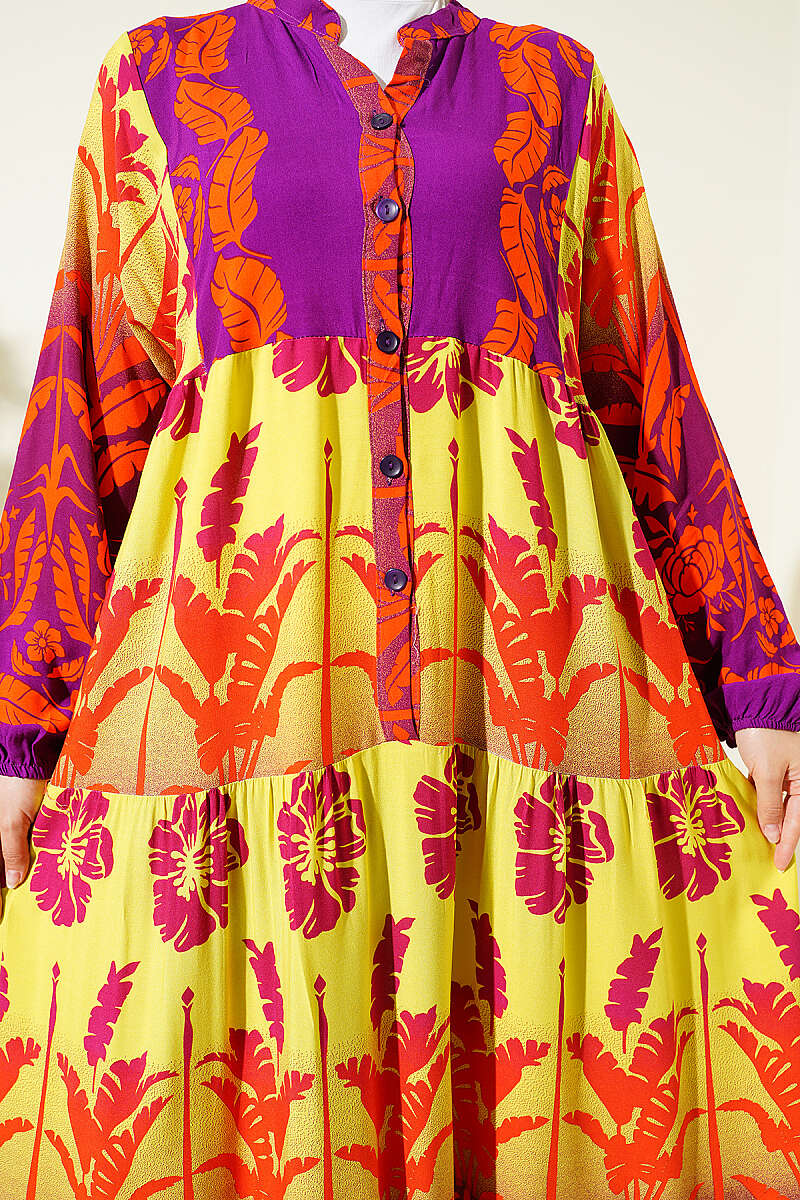 Tropical Print Half-Button Dress - Purple